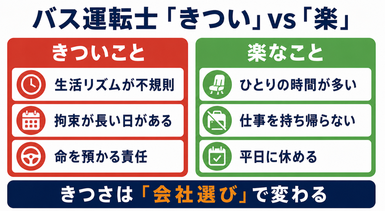 バス運転士の正直きつい4つと意外と楽な4つを左右で対比した図