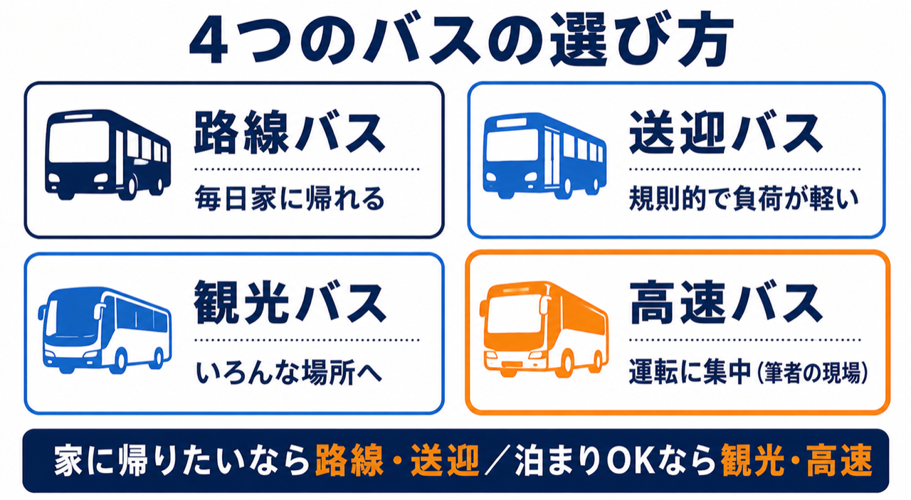 3つの質問で路線・高速・観光・送迎から自分に合う業態を選ぶ決定木